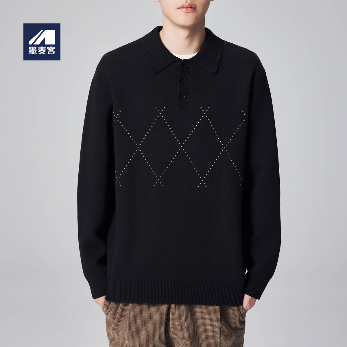 墨麦客男装菱形格提花男士翻领针织衫2024秋季新款撞色休闲毛衣男