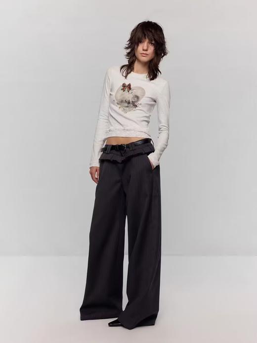 出逃赤岗西/24AWT117/立体蝴蝶结猫咪印花拼接蕾丝花边修身内搭长袖T恤 商品图3