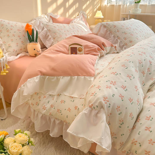 自然醒公主风少女全棉花边四件套纯棉小清新床上用品田园韩式碎花被套床单三件套JY 商品图3