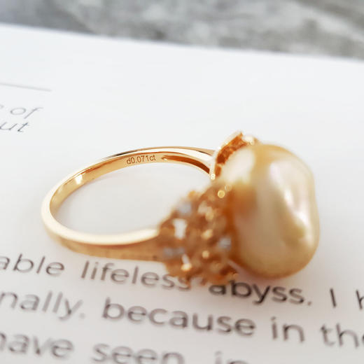 【天然正品】AU750黄金镶钻镶天然浓金金色巴洛克海水珍珠戒指11号（戒圈可改）女士现售价：2680！091024NJ05 商品图8