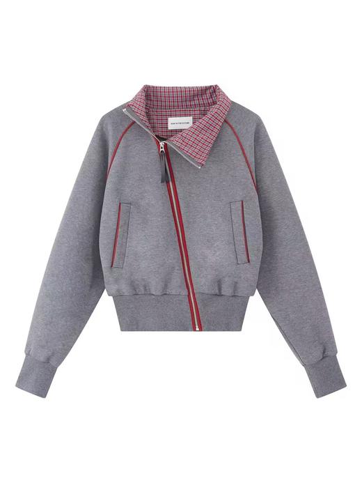 出逃赤岗西/24AWW125/复古斜拉链内里拼接撞色格纹灰色无性别短款卫衣 商品图3