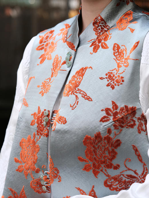 盛唐牡丹|铁锈红绒色真丝漳缎马甲(里料蝶恋花) 商品图2