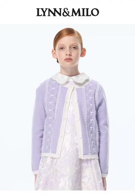【春上新】8楼琳麦罗 LYNNMILO紫色毛织纽纹花边开口毛衫