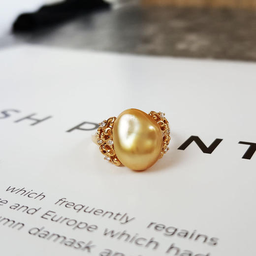 【天然正品】AU750黄金镶钻镶天然浓金金色巴洛克海水珍珠戒指11号（戒圈可改）女士现售价：2680！091024NJ05 商品图4