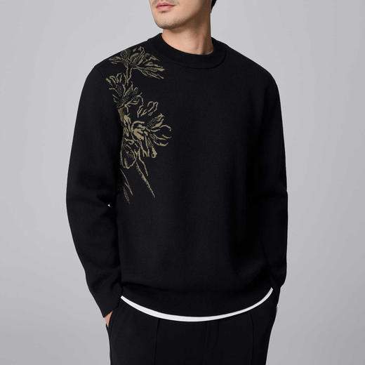 墨麦客男装牡丹提花男士新中式圆领针织衫2024冬季新款宽松毛衣男 商品图1