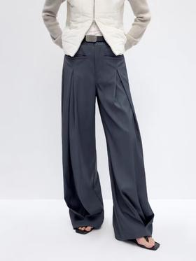 出逃赤岗西/24AWK119/复古双色内工字褶宽松垂感西装阔腿休闲拖地裤