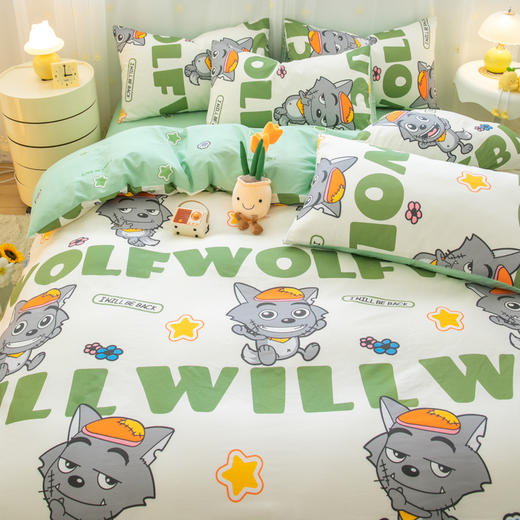 自然醒喜羊羊灰太狼四件套全棉斜纹卡通印花床单被套床上用品纯棉床笠款四件套JY 商品图3