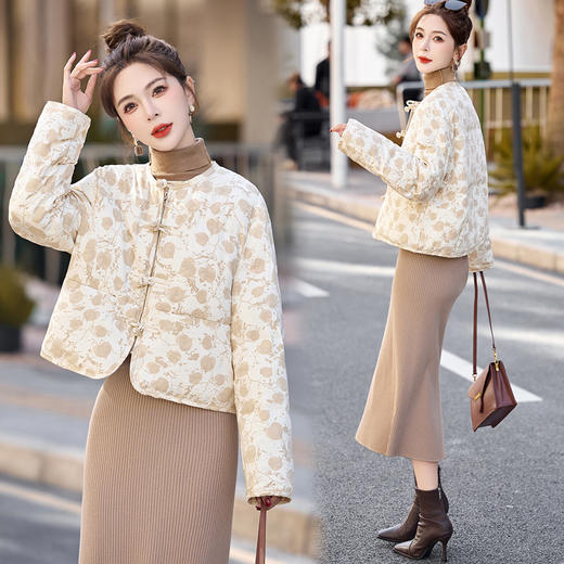 新中式国风羽绒服冬季小个子时尚复古印花盘扣短款白鸭绒外套BX2821 商品图0