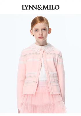 【春上新】【3折】8楼琳麦罗 LYNNMILO 粉色毛织花朵提花珠片开口毛衫  吊牌价：798元  活动价：239元