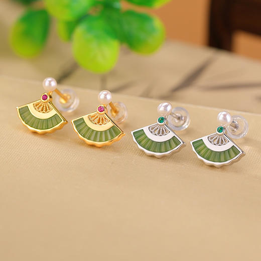 S925纯银镀金和田玉碧玉珍珠复古国风，扇形镂空耳钉气质耳饰CW- ED03577 商品图0