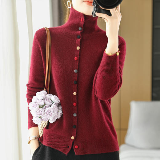 【清河羊毛羊绒】鹿展8922 女士高领彩虹扣针织羊毛开衫 100%羊毛（90支美利奴羊毛） 商品图1