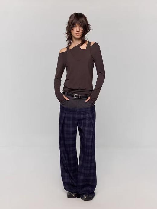 出逃赤岗西/24AWK121/设计感假两件双腰头拼接磨毛感TR格纹直筒阔腿休闲裤 商品图1