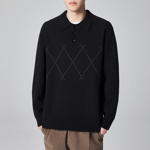 墨麦客男装菱形格提花男士翻领针织衫2024秋季新款撞色休闲毛衣男 商品图1