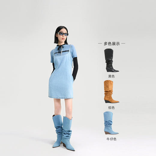 [捡漏价]lost in echo2024秋冬新款尖头坡跟高跟褶皱牛仔堆堆靴时装靴女 商品图1