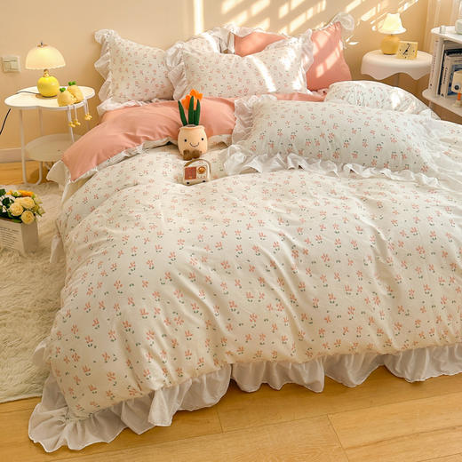 自然醒公主风少女全棉花边四件套纯棉小清新床上用品田园韩式碎花被套床单三件套JY 商品图1