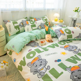 自然醒喜羊羊灰太狼四件套全棉斜纹卡通印花床单被套床上用品纯棉床笠款四件套JY