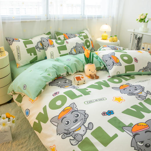 自然醒喜羊羊灰太狼四件套全棉斜纹卡通印花床单被套床上用品纯棉床笠款四件套JY 商品图0
