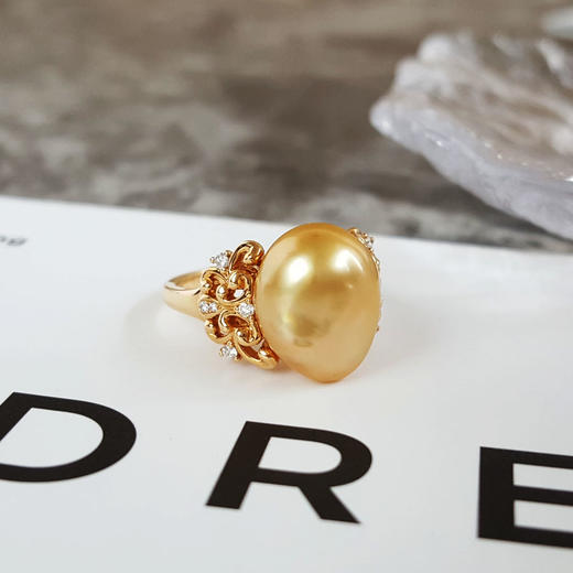 【天然正品】AU750黄金镶钻镶天然浓金金色巴洛克海水珍珠戒指11号（戒圈可改）女士现售价：2680！091024NJ05 商品图2