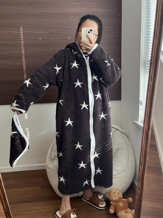 行走的被窝大码韩系条纹珊瑚绒睡衣女加厚保暖家居服睡袍连帽拉链HLY 商品图11