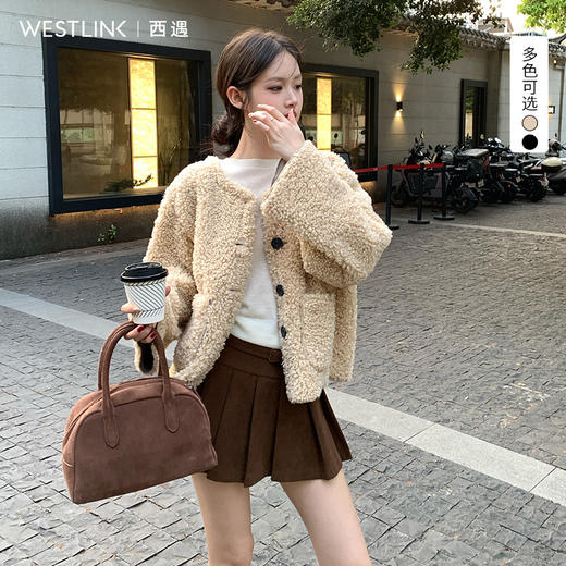 西遇短款圆领外套女冬季新款宽松慵懒风单排扣保暖休闲上衣SS141323 商品图0