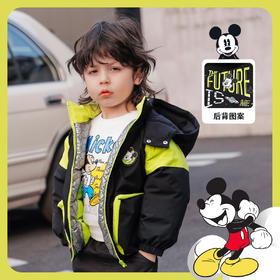 迪士尼童装男童休闲撞色夹棉外套冬季款保暖连帽棉服224DS0801