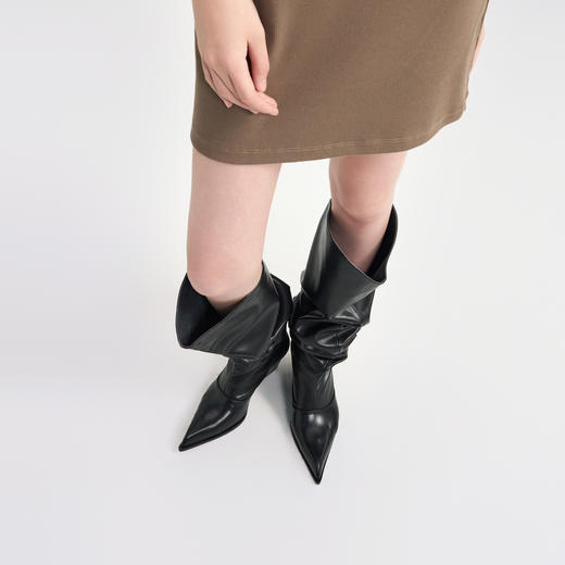 [捡漏价]lost in echo2024秋冬新款尖头坡跟高跟褶皱牛仔堆堆靴时装靴女 商品图3