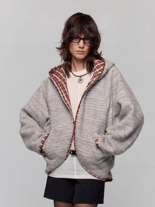 出逃赤岗西/24AWW121/正反两穿 原创撞色复古格纹羊毛龟背廓形无领扣短外套 商品图2