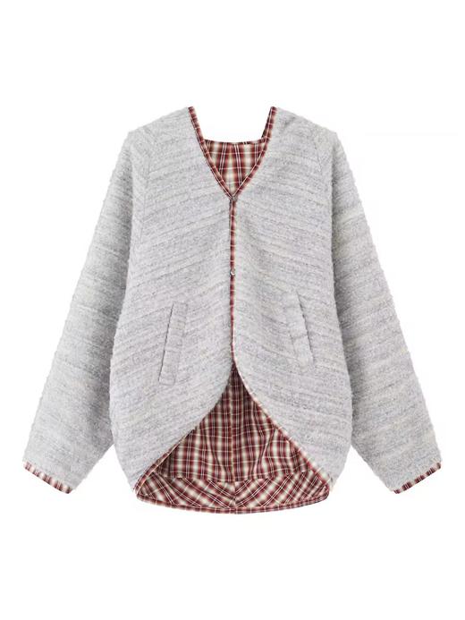 出逃赤岗西/24AWW121/正反两穿 原创撞色复古格纹羊毛龟背廓形无领扣短外套 商品图4