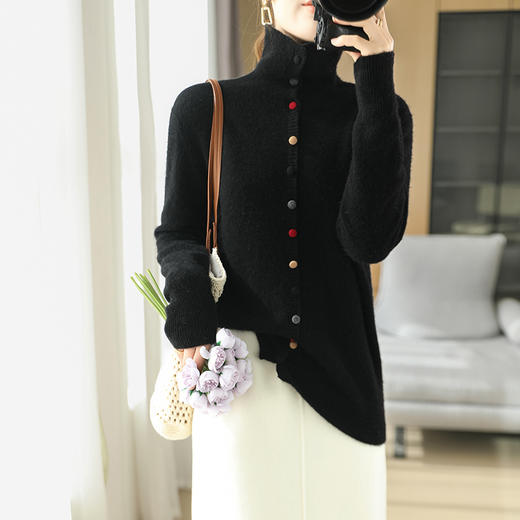 【清河羊毛羊绒】鹿展8922 女士高领彩虹扣针织羊毛开衫 100%羊毛（90支美利奴羊毛） 商品图3