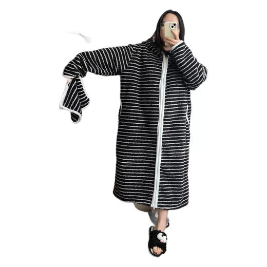 行走的被窝大码韩系条纹珊瑚绒睡衣女加厚保暖家居服睡袍连帽拉链HLY 商品图4