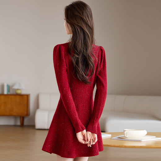 本命年红色金丝公主针织裙收腰单排扣毛衣裙JC398 商品图1