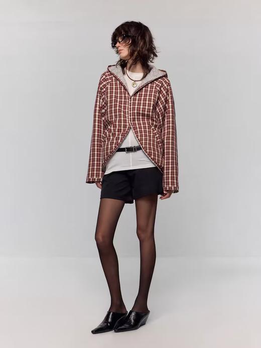 出逃赤岗西/24AWW121/正反两穿 原创撞色复古格纹羊毛龟背廓形无领扣短外套 商品图3