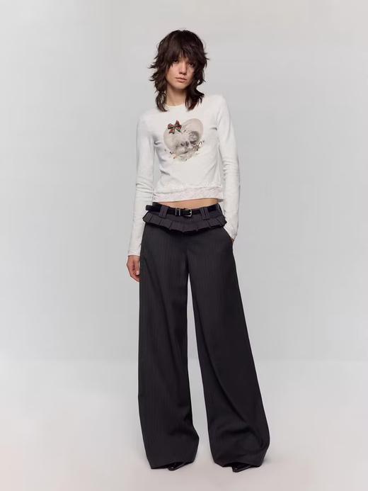 出逃赤岗西/24AWT117/立体蝴蝶结猫咪印花拼接蕾丝花边修身内搭长袖T恤 商品图2