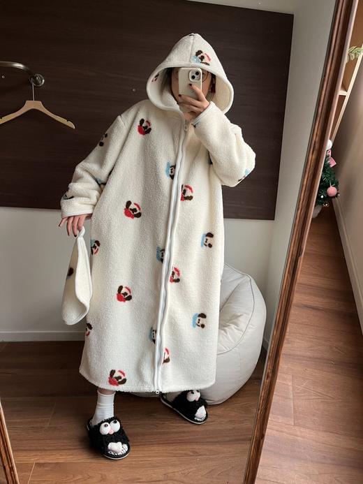 行走的被窝大码韩系条纹珊瑚绒睡衣女加厚保暖家居服睡袍连帽拉链HLY 商品图14