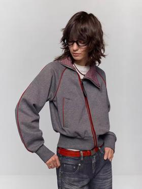 出逃赤岗西/24AWW125/复古斜拉链内里拼接撞色格纹灰色无性别短款卫衣