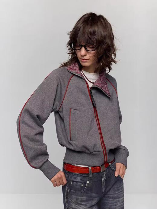 出逃赤岗西/24AWW125/复古斜拉链内里拼接撞色格纹灰色无性别短款卫衣 商品图0