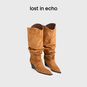 [捡漏价]lost in echo2024秋冬新款尖头坡跟高跟褶皱牛仔堆堆靴时装靴女