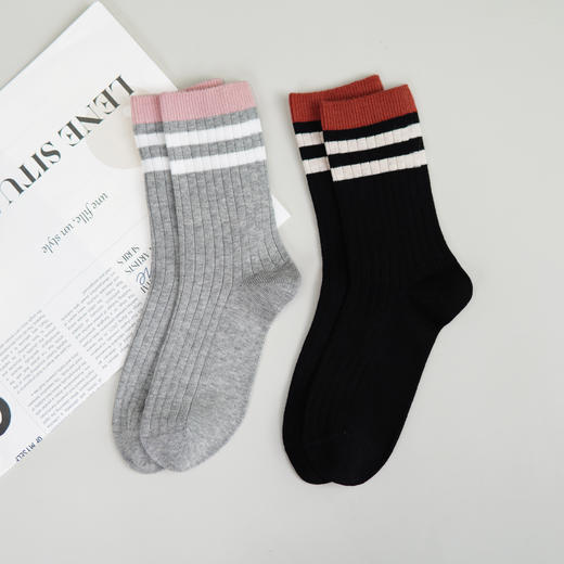 【2双装】女士双针中长筒袜子时尚棉袜四季女袜子【6双6折】【2422217】 商品图1
