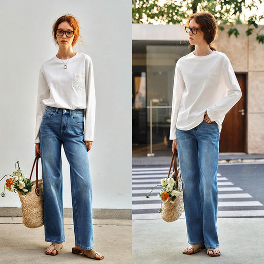 OLrain欧芮儿蓝色直筒牛仔裤女春季2025年新款高腰洗水休闲长裤 商品图3