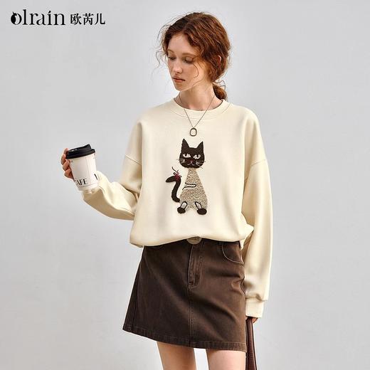 OLrain欧芮儿杏色套头卫衣女春季2025年新款时尚趣味猫咪圆领上衣 商品图0