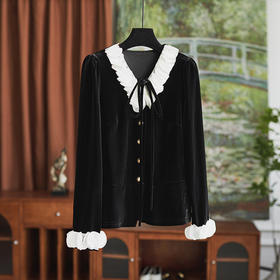 【高货wl】全新升级【铂金会员275/天猫369/差价94】(12749) 洛诗琳新款法式名媛重工层叠圆片V领系带丝绒衬衫