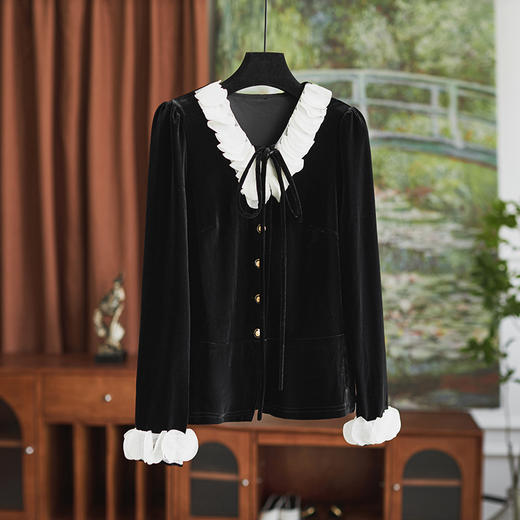 【高货wl】全新升级【铂金会员275/天猫369/差价94】(12749) 洛诗琳新款法式名媛重工层叠圆片V领系带丝绒衬衫 商品图0