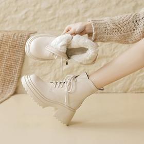 【预售5天】厚底马丁靴女款英伦风秋冬新款超厚羊毛系带白色短靴ZMXY&2337-A
