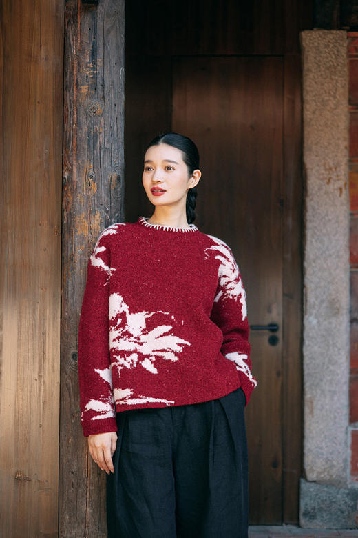 绽放旅行女装026朵/冬季羊毛卷年服凤凰花提花手工包边绣套头毛衣 商品图5