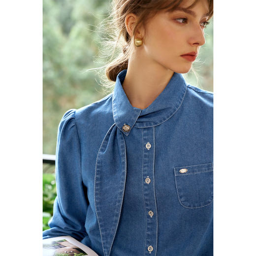 OLrain欧芮儿法式牛仔衬衫女春季2025年新款设计感减龄长袖衬衣 商品图3