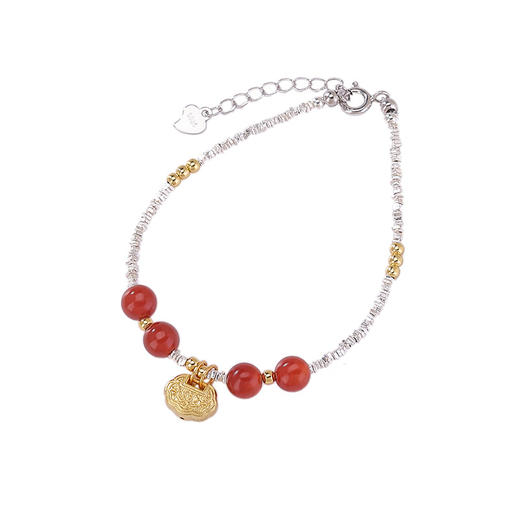 【长命富贵】S925银镀金红玛瑙圆珠分色碎银长命锁牌手链【CW-SL11735-5】 商品图4