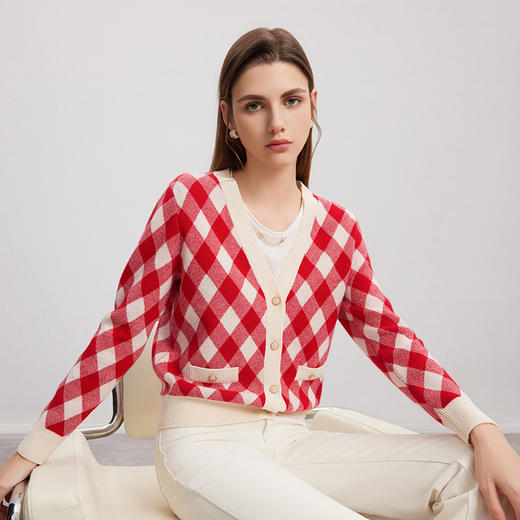 【菱形格纹V领开衫】羊绒世家秋冬新品100%山羊绒衫红白撞色针织外套 商品图1