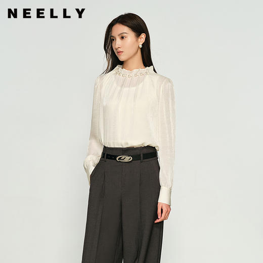 NEELLY纳俪商场同款春新款高级感黑色珠光长袖衬衫女通勤宽松上衣N25011R01017 商品图0