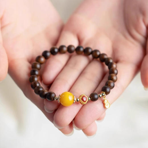 福运绵长天然沉香木转运珠手串6mm  奇楠木多宝手串吉祥琥珀蜜蜡手链带证书 商品图1