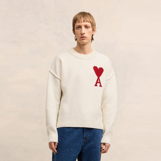 AMI 男士徽标提花经典美利奴羊毛针织衫 米色 BFUKS006 018 154 商品图1